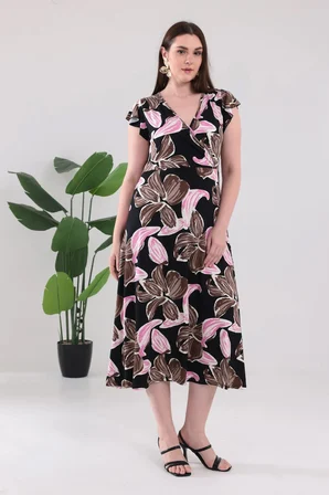 Kadın Pembe Floral Desen Fırfır Kol Kruvaze Yaka Büyük Beden Esnek Maxi Elbise