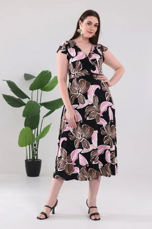 Kadın Pembe Floral Desen Fırfır Kol Kruvaze Yaka Büyük Beden Esnek Maxi Elbise