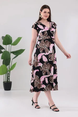 Kadın Pembe Floral Desen Fırfır Kol Kruvaze Yaka Büyük Beden Esnek Maxi Elbise