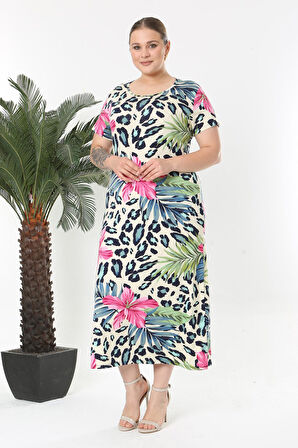 Kadın Pembe Mavi Tropikal Leopar Desen Esnek Maxi Elbise