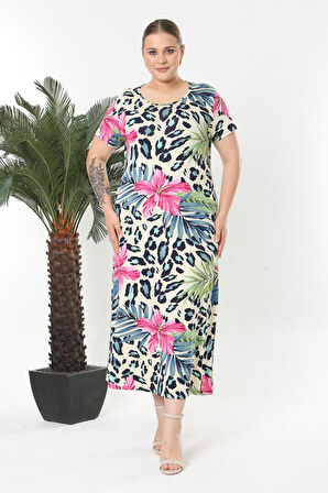 Kadın Pembe Mavi Tropikal Leopar Desen Esnek Maxi Elbise