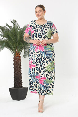 Kadın Pembe Mavi Tropikal Leopar Desen Esnek Maxi Elbise