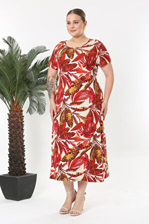 Kadın Kırmızı Beyaz Tropikal Desen Esnek Maxi Elbise
