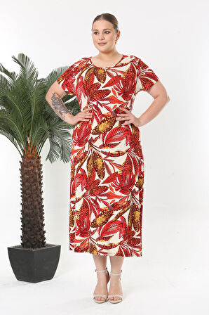 Kadın Kırmızı Beyaz Tropikal Desen Esnek Maxi Elbise