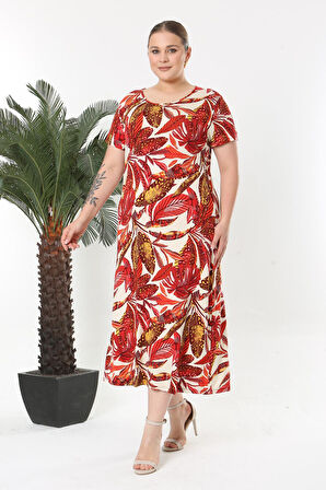 Kadın Kırmızı Beyaz Tropikal Desen Esnek Maxi Elbise