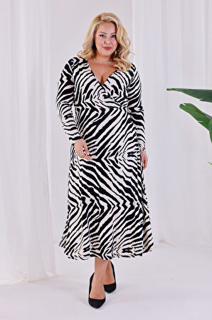 Kadın Siyah Beyaz Zebra Desen Kruvaze Yaka Büyük Beden Esnek Maxi Elbise