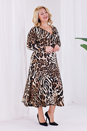 Kadın Kahve Leopar Desen Kruvaze Yaka Büyük Beden Esnek Maxi Elbise
