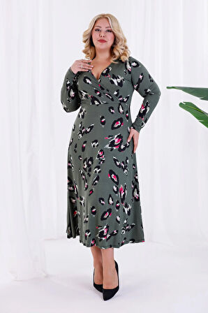 Kadın Yeşil Tiger Desen Kruvaze Yaka Büyük Beden Esnek Maxi Elbise