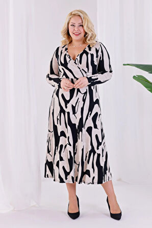 Kadın Bej Siyah Soyut Desen Kruvaze Yaka Büyük Beden Esnek Maxi Elbise