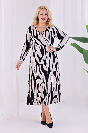 Kadın Bej Siyah Soyut Desen Kruvaze Yaka Büyük Beden Esnek Maxi Elbise