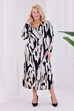 Kadın Bej Siyah Soyut Desen Kruvaze Yaka Büyük Beden Esnek Maxi Elbise