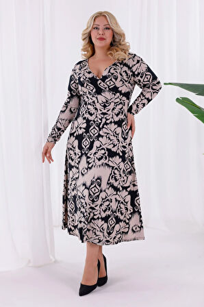 Kadın Siyah Bej Etnik Desen Kruvaze Yaka Büyük Beden Esnek Maxi Elbise