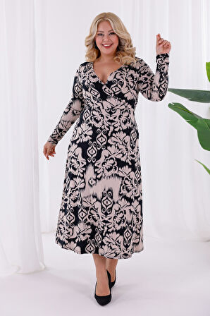 Kadın Siyah Bej Etnik Desen Kruvaze Yaka Büyük Beden Esnek Maxi Elbise