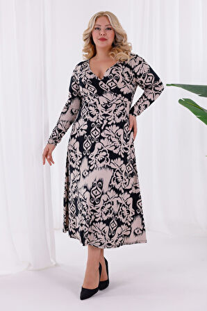 Kadın Siyah Bej Etnik Desen Kruvaze Yaka Büyük Beden Esnek Maxi Elbise