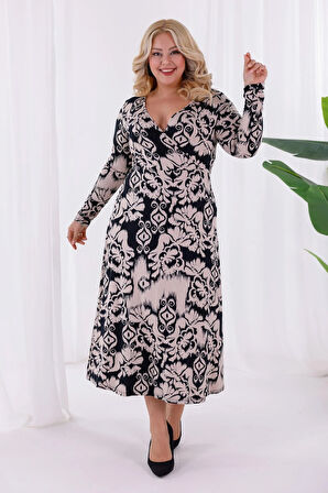 Kadın Siyah Bej Etnik Desen Kruvaze Yaka Büyük Beden Esnek Maxi Elbise