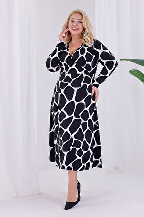 Kadın Siyah Beyaz Taş Desen Kruvaze Yaka Büyük Beden Esnek Maxi Elbise