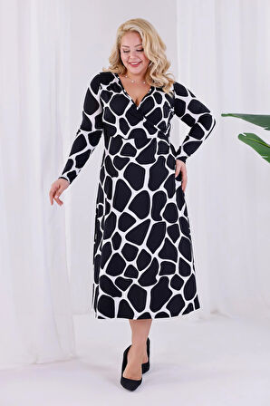 Kadın Siyah Beyaz Taş Desen Kruvaze Yaka Büyük Beden Esnek Maxi Elbise