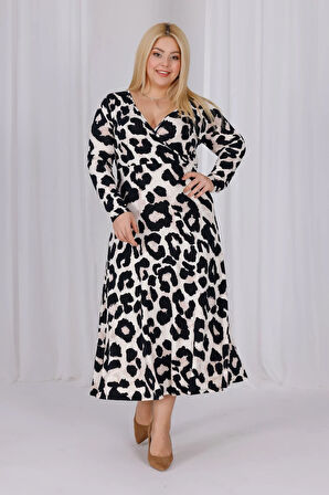 Kadın Vizon Siyah Leopar Desen Kruvaze Yaka Büyük Beden Esnek Maxi Elbise