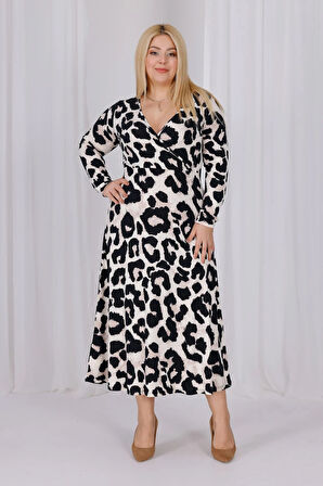 Kadın Vizon Siyah Leopar Desen Kruvaze Yaka Büyük Beden Esnek Maxi Elbise