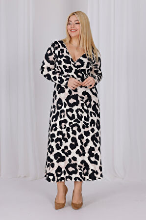 Kadın Vizon Siyah Leopar Desen Kruvaze Yaka Büyük Beden Esnek Maxi Elbise