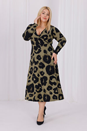 Kadın Haki Yeşil Leopar Desen Kruvaze Yaka Büyük Beden Esnek Maxi Elbise