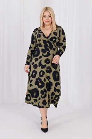 Kadın Haki Yeşil Leopar Desen Kruvaze Yaka Büyük Beden Esnek Maxi Elbise