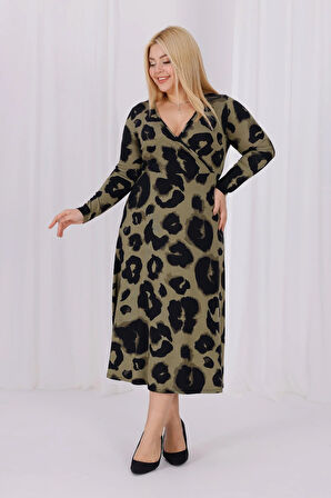 Kadın Haki Yeşil Leopar Desen Kruvaze Yaka Büyük Beden Esnek Maxi Elbise