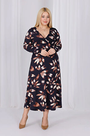 Kadın Siyah Kahve Floral Desen Kruvaze Yaka Büyük Beden Esnek Maxi Elbise
