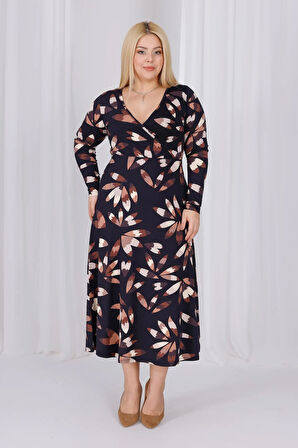 Kadın Siyah Kahve Floral Desen Kruvaze Yaka Büyük Beden Esnek Maxi Elbise