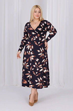 Kadın Siyah Kahve Floral Desen Kruvaze Yaka Büyük Beden Esnek Maxi Elbise