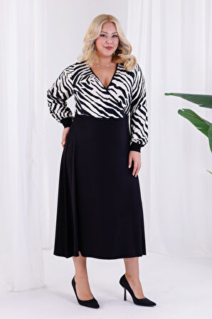 Kadın Siyah Beyaz Zebra Desen Bloklu Kruvaze Yaka Balon Kol Büyük Beden Esnek Maxi Elbise