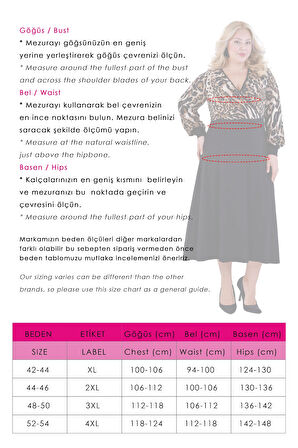 Kadın Kahve Leopar Desen Bloklu Kruvaze Yaka Balon Kol Büyük Beden Esnek Maxi Elbise