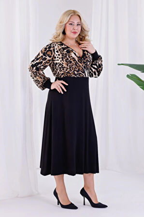 Kadın Kahve Leopar Desen Bloklu Kruvaze Yaka Balon Kol Büyük Beden Esnek Maxi Elbise