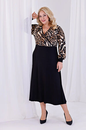 Kadın Kahve Leopar Desen Bloklu Kruvaze Yaka Balon Kol Büyük Beden Esnek Maxi Elbise