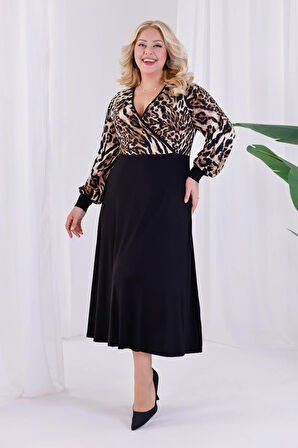 Kadın Kahve Leopar Desen Bloklu Kruvaze Yaka Balon Kol Büyük Beden Esnek Maxi Elbise