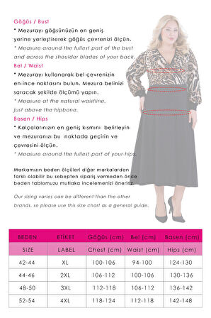 Kadın Kahve Leopar Desen Bloklu Kruvaze Yaka Balon Kol Büyük Beden Esnek Maxi Elbise