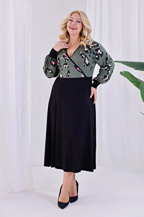 Kadın Yeşil Tiger Desen Bloklu Kruvaze Yaka Balon Kol Büyük Beden Esnek Maxi Elbise