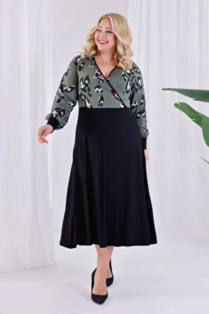 Kadın Yeşil Tiger Desen Bloklu Kruvaze Yaka Balon Kol Büyük Beden Esnek Maxi Elbise