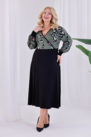 Kadın Yeşil Tiger Desen Bloklu Kruvaze Yaka Balon Kol Büyük Beden Esnek Maxi Elbise