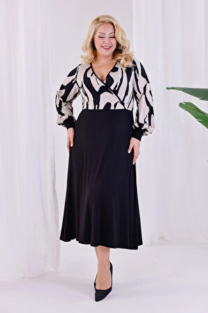 Kadın Bej Siyah Soyut Desen Bloklu Kruvaze Yaka Balon Kol Büyük Beden Esnek Maxi Elbise