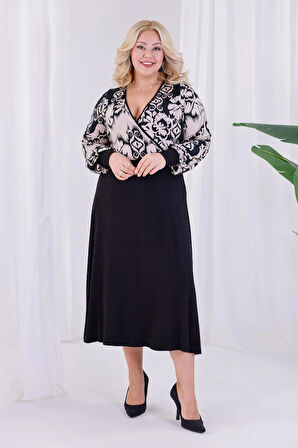 Kadın Siyah Bej Etnik Desen Bloklu Kruvaze Yaka Balon Kol Büyük Beden Esnek Maxi Elbise