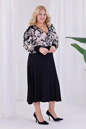 Kadın Siyah Bej Etnik Desen Bloklu Kruvaze Yaka Balon Kol Büyük Beden Esnek Maxi Elbise