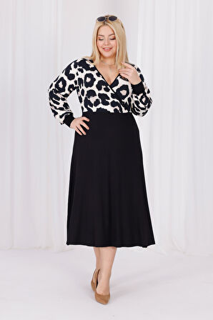 Kadın Vizon Siyah Leopar Desen Bloklu Kruvaze Yaka Balon Kol Büyük Beden Esnek Maxi Elbise