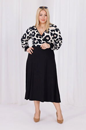Kadın Vizon Siyah Leopar Desen Bloklu Kruvaze Yaka Balon Kol Büyük Beden Esnek Maxi Elbise