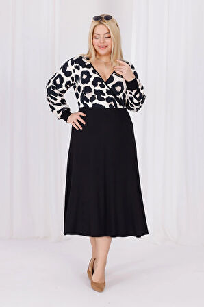 Kadın Vizon Siyah Leopar Desen Bloklu Kruvaze Yaka Balon Kol Büyük Beden Esnek Maxi Elbise