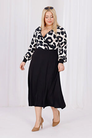 Kadın Vizon Siyah Leopar Desen Bloklu Kruvaze Yaka Balon Kol Büyük Beden Esnek Maxi Elbise