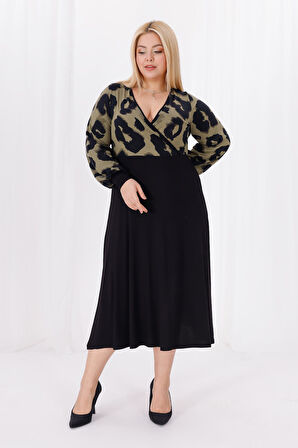 Kadın Haki Yeşil Leopar Desen Bloklu Kruvaze Yaka Balon Kol Büyük Beden Esnek Maxi Elbise