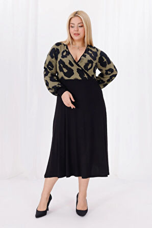 Kadın Haki Yeşil Leopar Desen Bloklu Kruvaze Yaka Balon Kol Büyük Beden Esnek Maxi Elbise