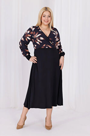 Kadın Siyah Kahve Floral Desen Bloklu Kruvaze Yaka Balon Kol Büyük Beden Esnek Maxi Elbise