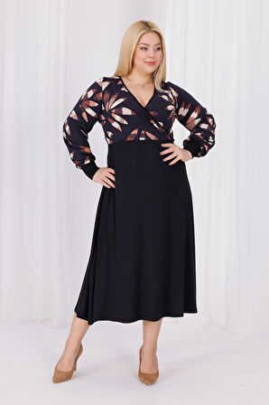 Kadın Siyah Kahve Floral Desen Bloklu Kruvaze Yaka Balon Kol Büyük Beden Esnek Maxi Elbise